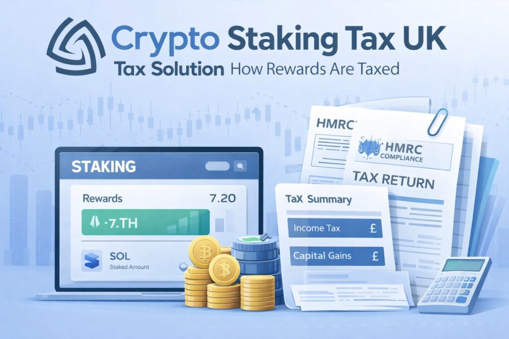 Crypto staking tax UK illustration showing staking rewards dashboard, HMRC tax documents, income tax summary and organised digital asset records with Crypto Tax Solution logo.