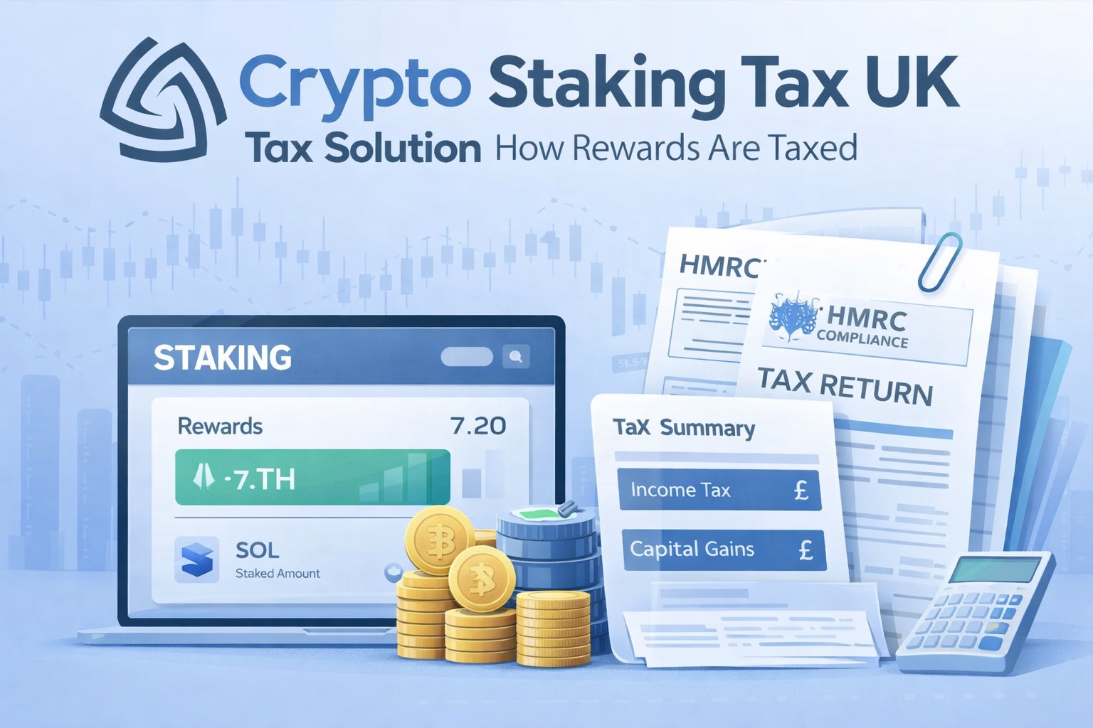 Crypto staking tax UK illustration showing staking rewards dashboard, HMRC tax documents, income tax summary and organised digital asset records with Crypto Tax Solution logo.