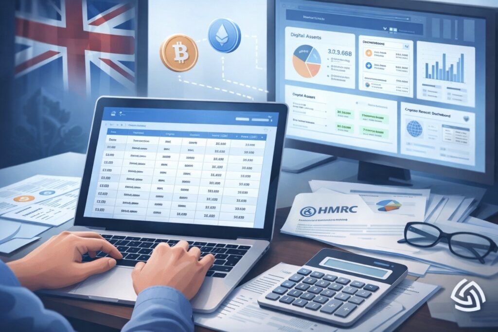 Crypto record keeping UK illustration showing organised digital asset reports, laptop spreadsheets and HMRC documents on a desk