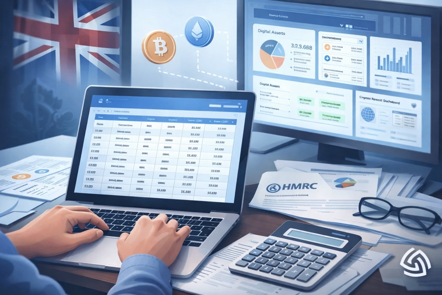 Crypto record keeping UK illustration showing organised digital asset reports, laptop spreadsheets and HMRC documents on a desk