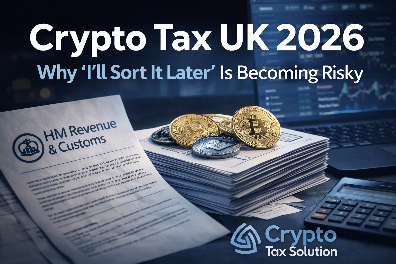 Crypto tax UK 2026 compliance concept showing HMRC letter, digital assets and organised tax records