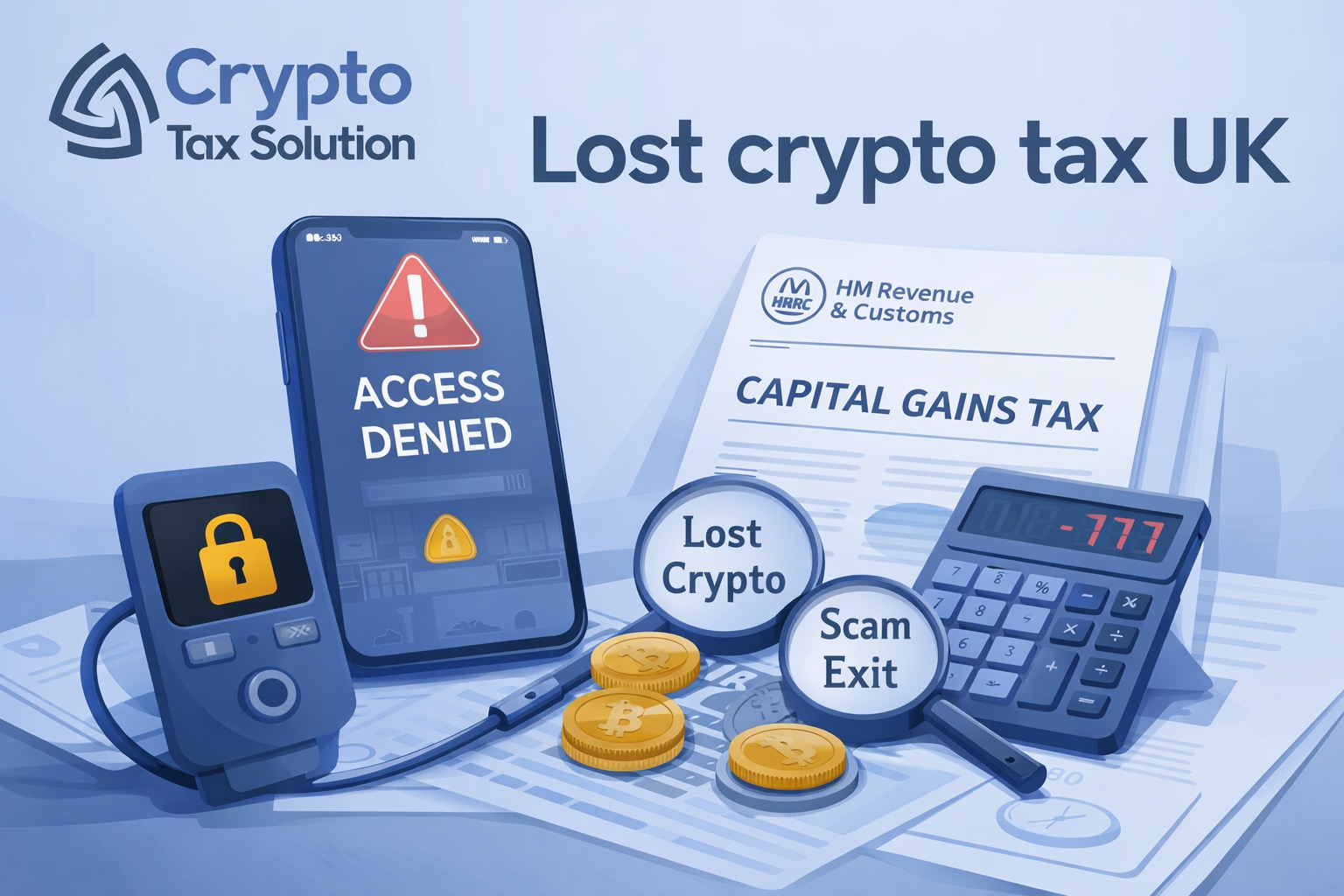 Lost crypto tax UK concept showing inaccessible crypto wallet, error screen and HMRC tax documents on a desk
