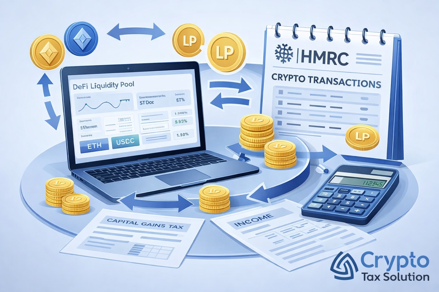crypto liquidity pool tax illustration showing DeFi dashboard, LP tokens, crypto transactions and HMRC tax documents on a desk