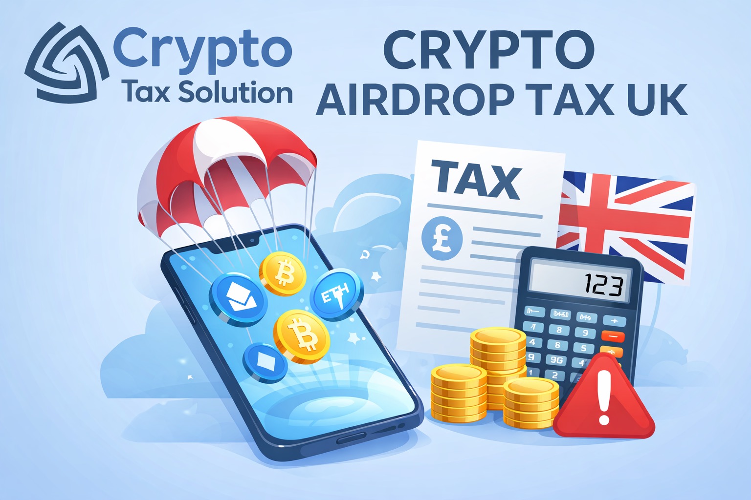 Crypto airdrop tax UK illustration showing cryptocurrency tokens dropping onto a smartphone with tax documents, calculator and UK flag, highlighting HMRC crypto tax reporting rules – Crypto Tax Solution.