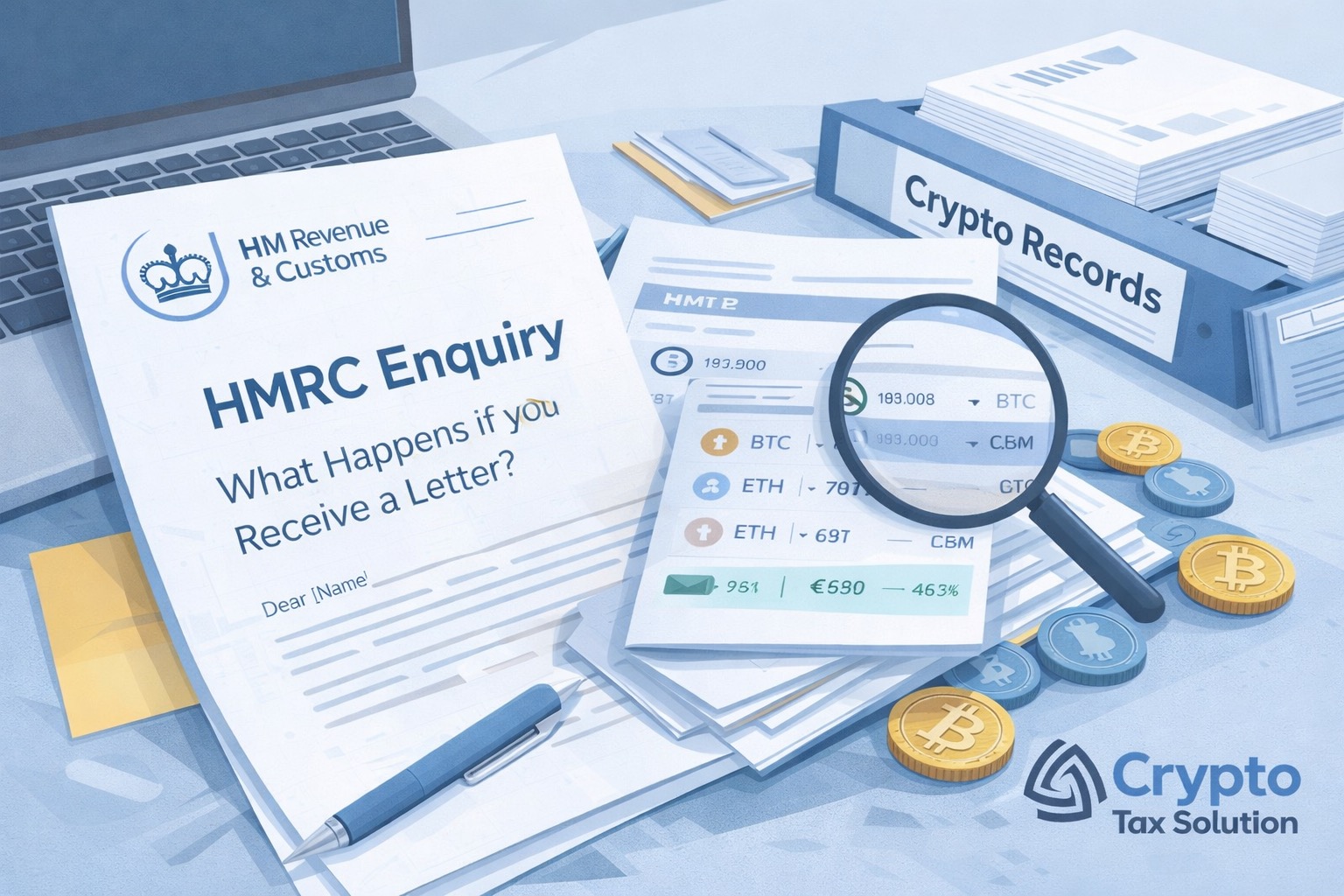 HMRC crypto enquiry illustration showing HMRC letter, cryptocurrency transaction records and organised tax documents