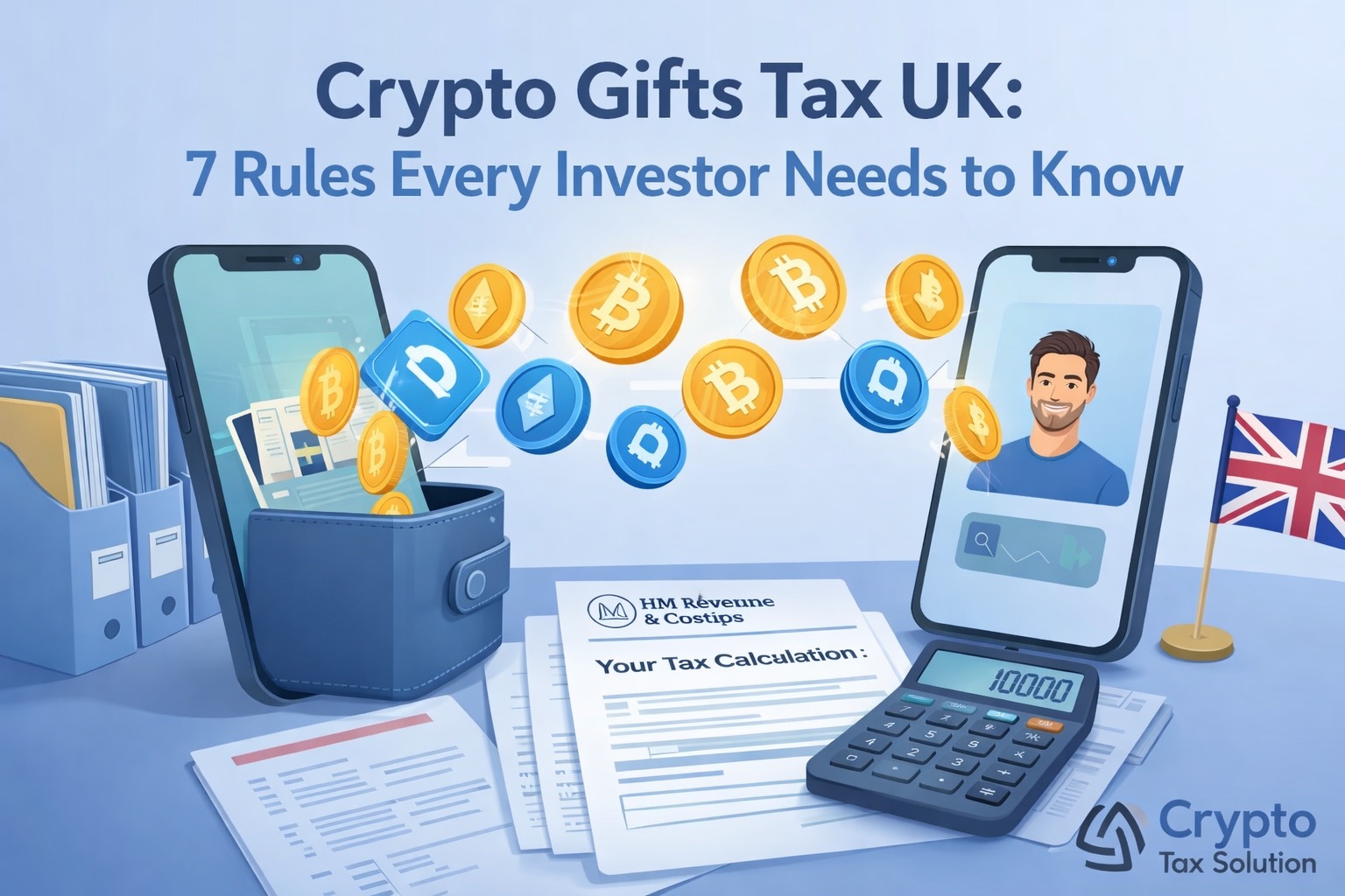 Crypto gifts tax UK illustration showing cryptocurrency transfer between wallets with HMRC tax documents and calculator