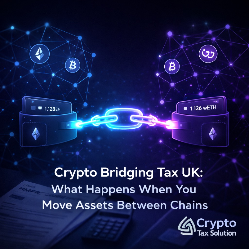 Crypto bridging tax UK illustration showing cross-chain crypto transfer between blockchain networks, wrapped tokens, HMRC tax documents and calculator with Crypto Tax Solution branding