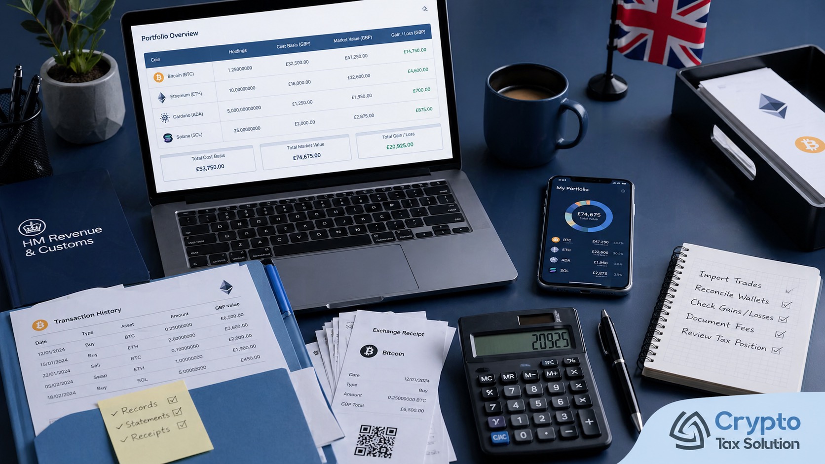 Crypto tax records UK workspace showing a laptop with a crypto portfolio spreadsheet, calculator, transaction papers, HMRC folder, UK flag and Crypto Tax Solution logo.