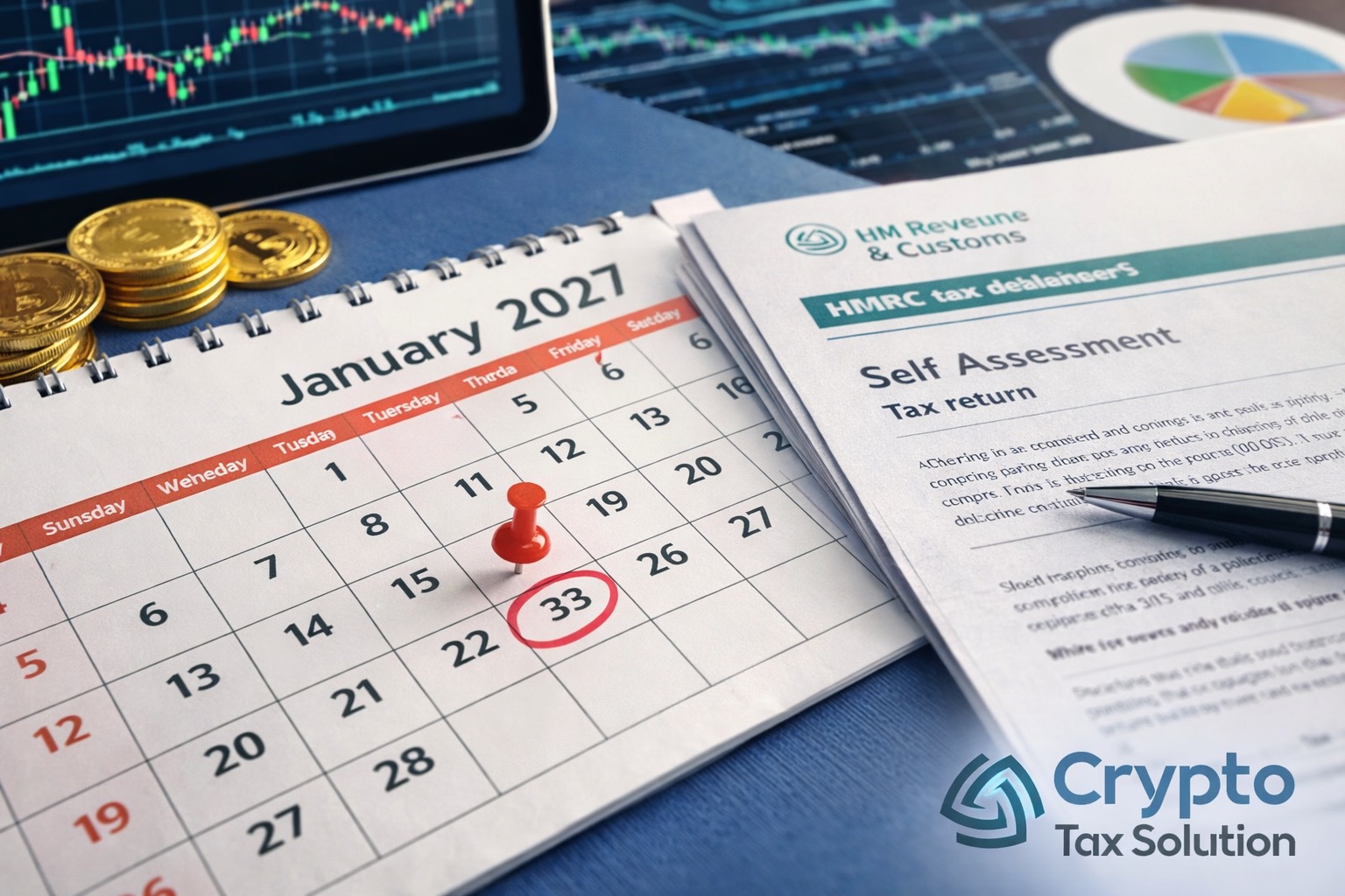 Crypto tax deadlines UK concept showing calendar, cryptocurrency charts, and HMRC tax documents on a desk