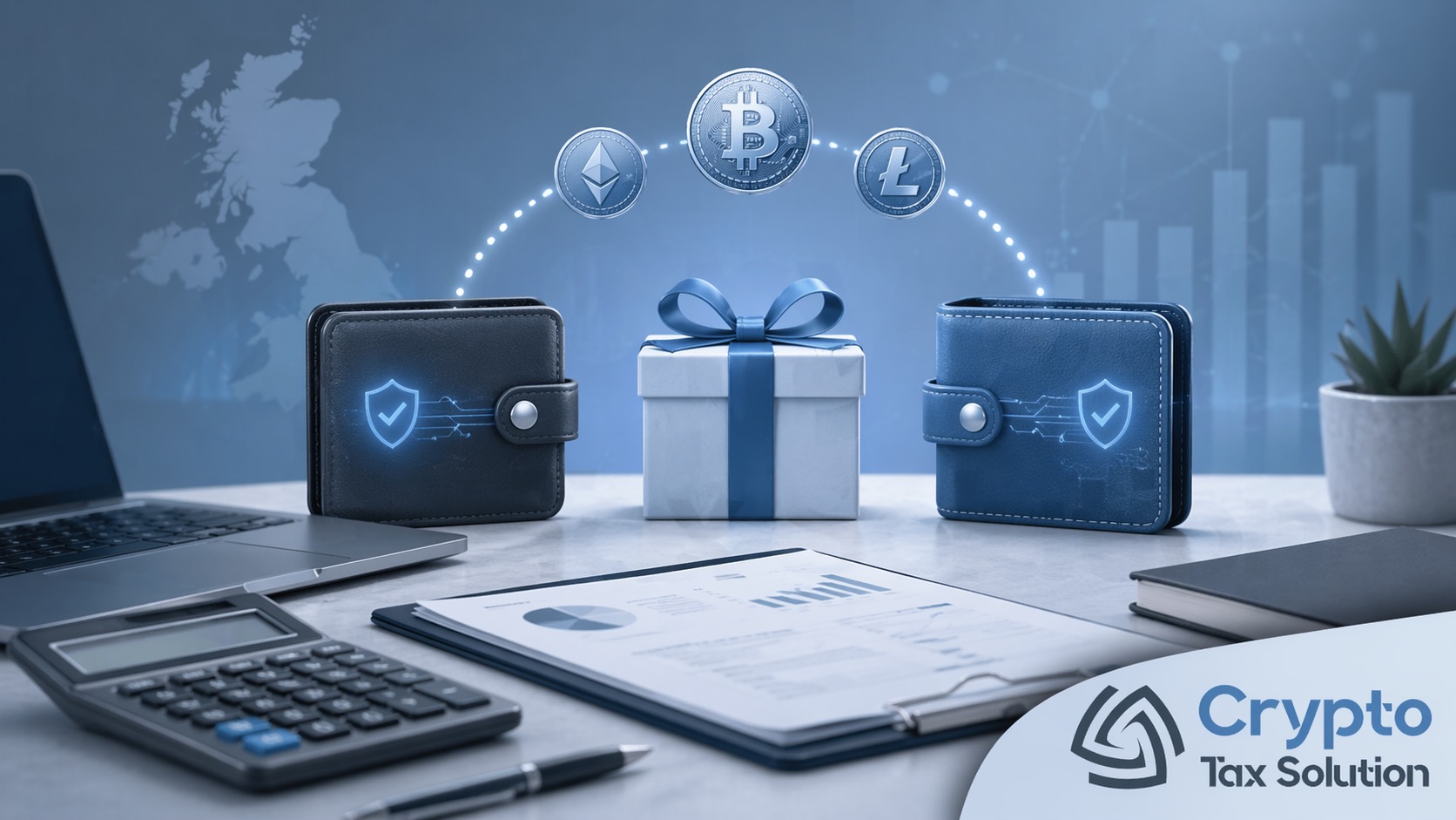 Crypto gift tax UK explained with a visual of digital coins being transferred between wallets