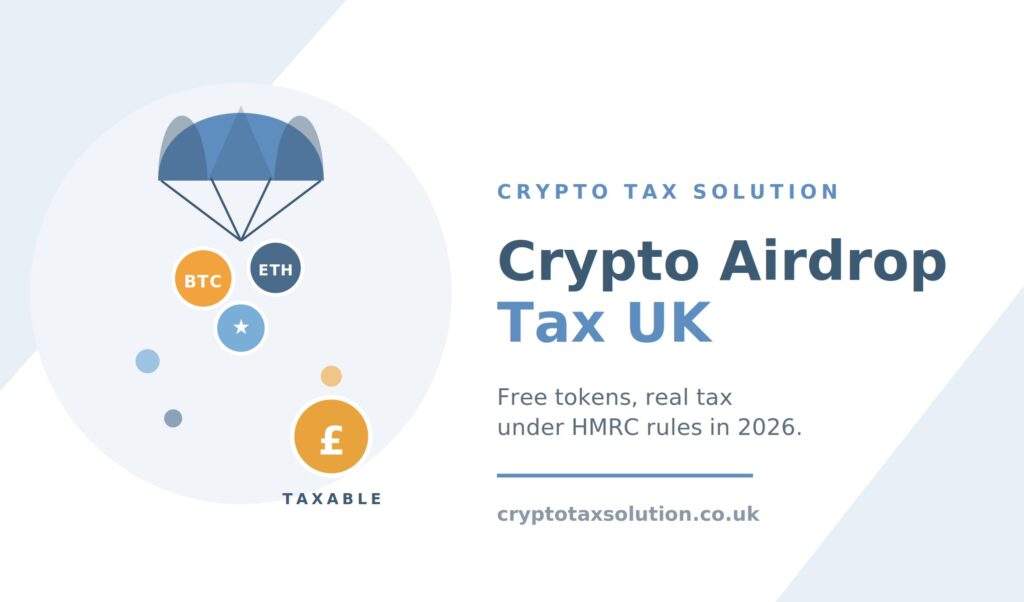 Crypto airdrop tax UK hero image showing a parachute carrying free BTC and ETH tokens dropping into a wallet with an amber TAXABLE pound badge, in Crypto Tax Solution branding