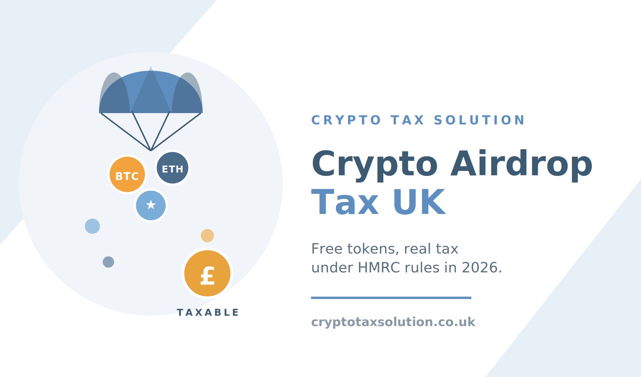 Crypto airdrop tax UK hero image showing a parachute carrying free BTC and ETH tokens dropping into a wallet with an amber TAXABLE pound badge, in Crypto Tax Solution branding