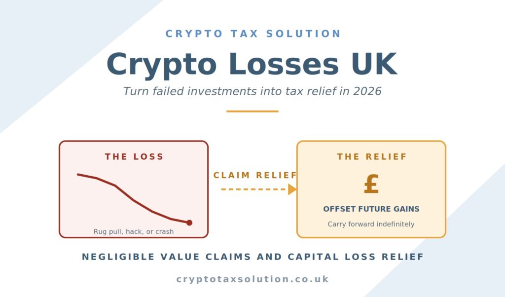 Crypto losses UK 2026 hero image showing declining chart with tax relief rescue arrow and HMRC document in Crypto Tax Solution branding