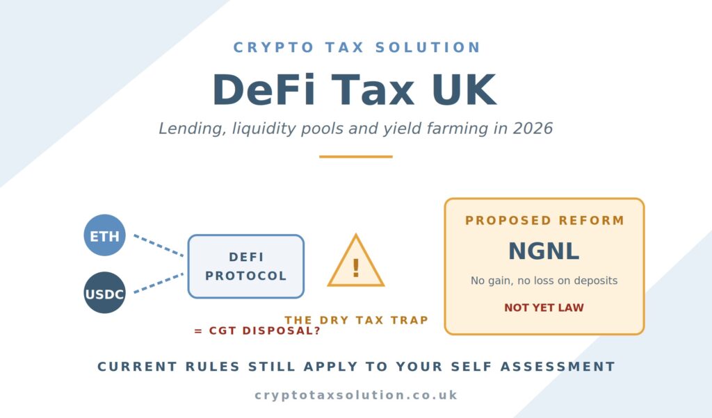Crypto inheritance tax UK hero image showing Bitcoin passing between generations with 40 percent IHT charge, frozen thresholds and seed phrase warning in Crypto Tax Solution branding