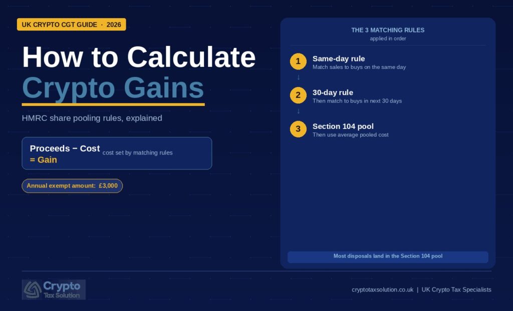How to calculate crypto gains UK 2026 guide showing HMRC same-day rule 30-day rule and Section 104 pool, Crypto Tax Solution